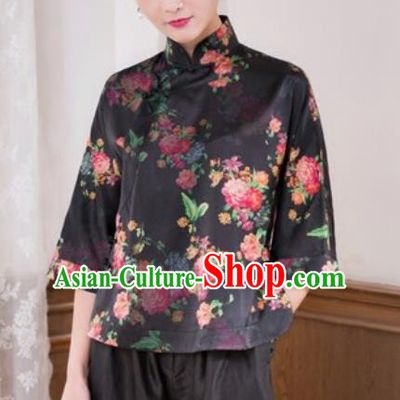 Chinese Traditional Tang Suit Upper Outer Garment Printing Black Silk Blouse National Costume for Women