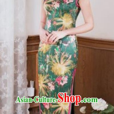 Chinese Traditional Printing Green Silk Cheongsam Tang Suit Qipao Dress National Costume for Women