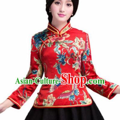 Chinese Traditional Printing Peony Red Silk Blouse Tang Suit Upper Outer Garment National Costume for Women