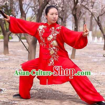Chinese Traditional Martial Arts Competition Costume Kung Fu Tai Chi Embroidered Bamboo Red Clothing for Women