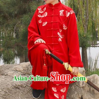 Chinese Traditional Kung Fu Competition Costume Martial Arts Tai Chi Embroidered Ginkgo Leaf Red Clothing for Women
