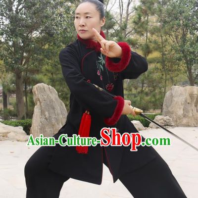 Chinese Traditional Kung Fu Competition Costume Martial Arts Tai Chi Embroidered Leaf Black Clothing for Women