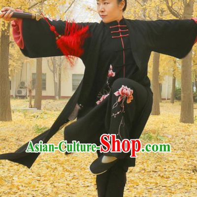 Chinese Traditional Kung Fu Competition Black Costume Martial Arts Tai Chi Embroidered Lotus Clothing for Women