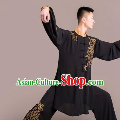 Chinese Traditional Kung Fu Competition Black Costume Martial Arts Embroidered Clothing for Men