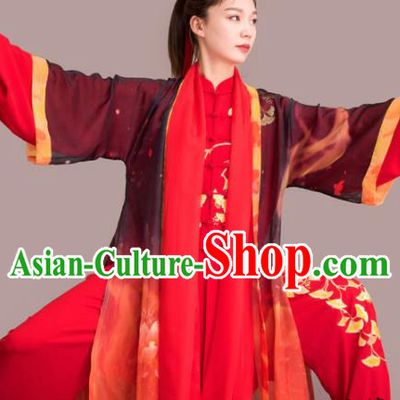 Chinese Traditional Kung Fu Competition Embroidered Ginkgo Leaf Red Costume Martial Arts Tai Chi Clothing for Women