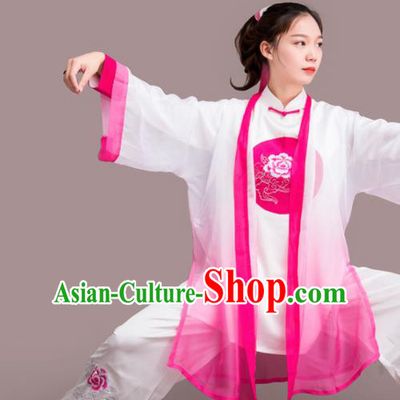 Chinese Traditional Kung Fu Competition Embroidered Peony Rosy Costume Martial Arts Tai Chi Clothing for Women
