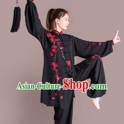 Chinese Traditional Kung Fu Competition Black Costume Martial Arts Tai Chi Embroidered Plum Blossom Clothing for Women