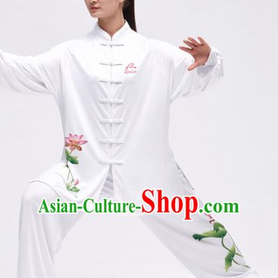 Chinese Traditional Kung Fu Competition Printing Lotus White Costume Martial Arts Tai Chi Clothing for Women