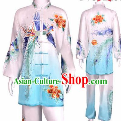 Chinese Traditional Kung Fu Competition Costume Martial Arts Tai Chi Embroidered Phoenix White Clothing for Women
