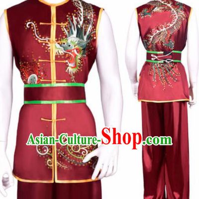 Chinese Traditional Kung Fu Competition Embroidered Dragon Wine Red Costume Tai Chi Martial Arts Clothing for Men