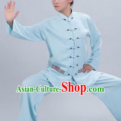 Chinese Traditional Kung Fu Competition Costume Tang Suit Tai Chi Blue Clothing for Women