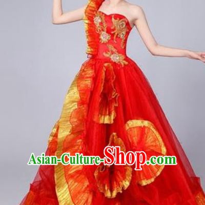 Chinese Traditional Spring Festival Gala Dance Costume Opening Dance Stage Performance Red Veil Dress for Women