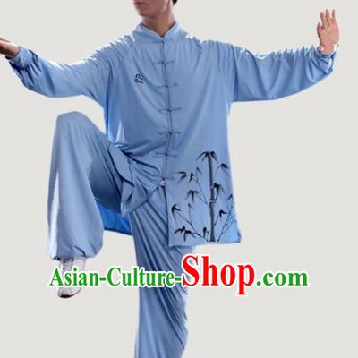 Chinese Traditional Kung Fu Competition Printing Bamboo Blue Costume Tai Chi Martial Arts Clothing for Men