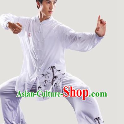 Chinese Traditional Kung Fu Competition Printing Bamboo White Costume Tai Chi Martial Arts Clothing for Men