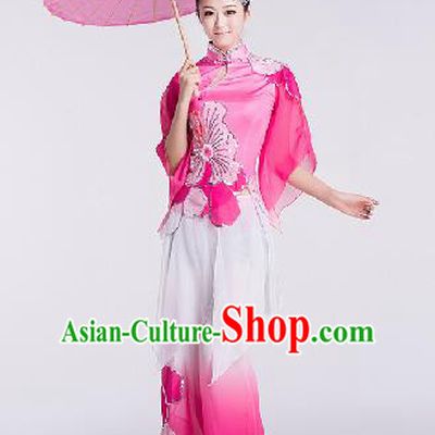 Chinese Traditional Umbrella Dance Rosy Costume Folk Dance Stage Performance Clothing for Women