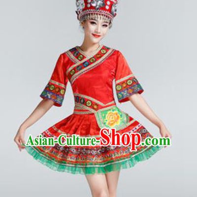 Chinese Traditional Ethnic Dance Costume Miao Nationality Stage Performance Red Dress for Women
