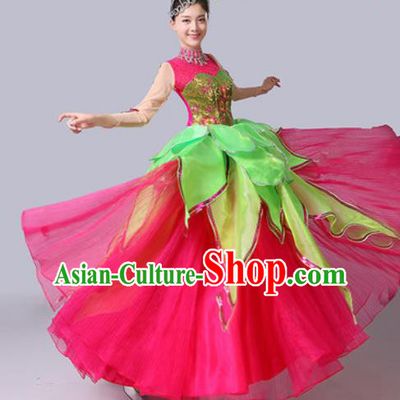 Chinese Traditional Spring Festival Gala Dance Costume Lotus Dance Stage Performance Rosy Dress for Women