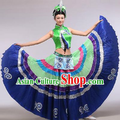 Chinese Traditional Ethnic Dance Costume Yi Nationality Stage Performance Green Dress for Women