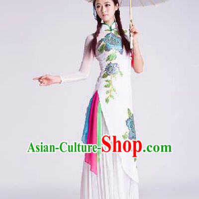 Chinese Traditional Umbrella Dance Costume Classical Dance Stage Performance White Clothing for Women
