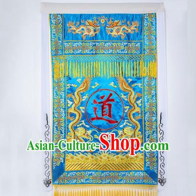 Chinese Traditional Taoism Feng Shui Items National Taoist Embroidered Dragons Blue Flag