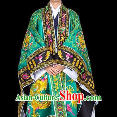 Chinese Traditional Taoism Costume National Taoist Priest Embroidered Dragons Green Cassock for Men