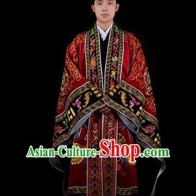 Chinese Traditional Taoism Costume National Taoist Priest Embroidered Cranes Dragons Wine Red Cassock for Men