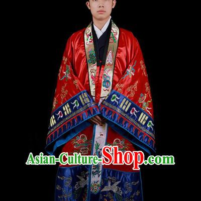 Chinese National Taoist Priest Embroidered Cranes Red Cassock Traditional Taoism Costume for Men
