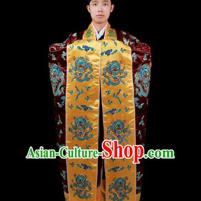Chinese National Taoist Priest Embroidered Dragon Wine Red Cassock Traditional Taoism Costume for Men