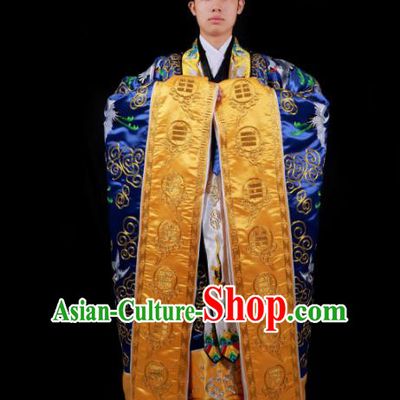 Chinese National Taoist Priest Embroidered Crane Royalblue Cassock Traditional Taoism Rites Costume for Men
