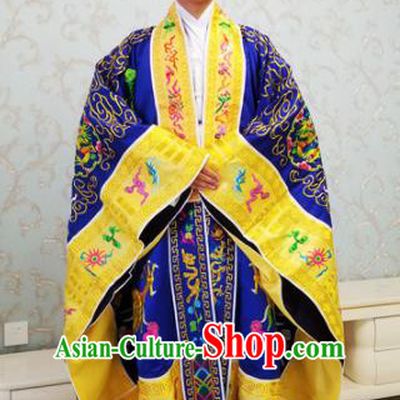 Chinese National Taoism Embroidered Dragons Royalblue Cassock Traditional Taoist Priest Rites Costume for Men