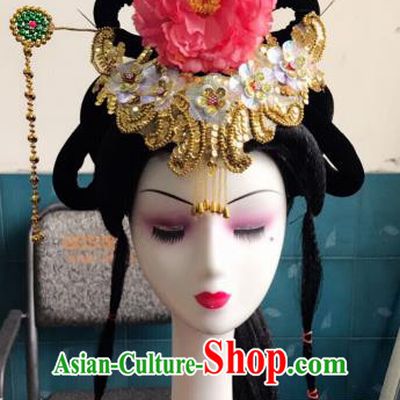 Chinese Traditional Beijing Opera Pink Peony Hairpins and Wigs Sheath Peking Opera Princess Hair Accessories for Women
