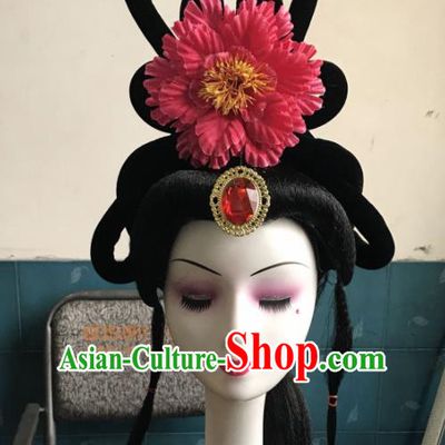 Chinese Traditional Beijing Opera Peri Rosy Peony Hairpins and Wigs Sheath Peking Opera Princess Hair Accessories for Women