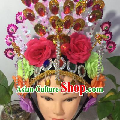 Chinese Traditional Beijing Opera Peri Rosy Peony Phoenix Coronet Headwear Peking Opera Diva Hair Accessories for Kids
