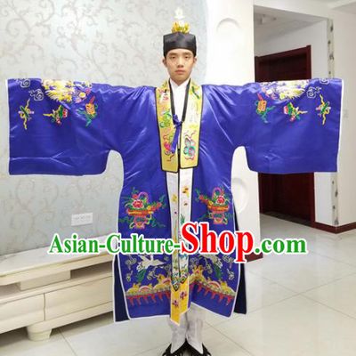 Chinese National Taoism Embroidered Royalblue Cassock Traditional Taoist Priest Rites Costume for Men