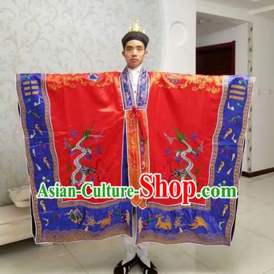 Chinese National Taoism Embroidered Dragons Red Priest Frock Cassock Traditional Taoist Priest Rites Costume for Men