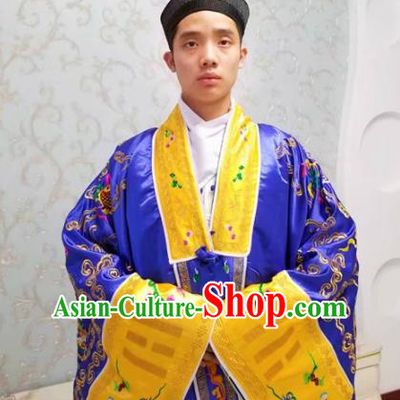 Chinese National Taoism Embroidered Dragons Deep Blue Priest Frock Cassock Traditional Taoist Priest Rites Costume for Men