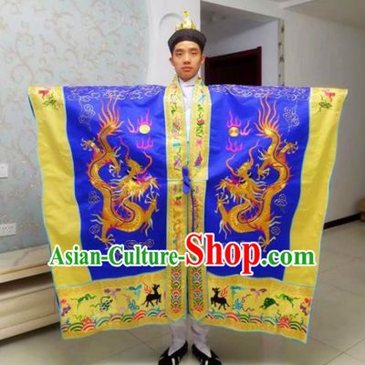 Chinese National Taoism Embroidered Dragons Royalblue Priest Frock Cassock Traditional Taoist Priest Rites Costume for Men