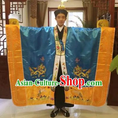 Chinese National Taoism Embroidered Blue Priest Frock Cassock Traditional Taoist Priest Rites Costume for Men