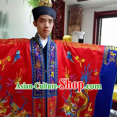 Chinese National Taoism Embroidered Red Priest Frock Cassock Traditional Taoist Priest Rites Costume for Men