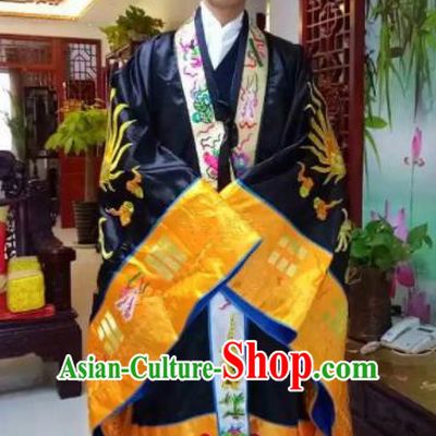 Chinese National Taoism Embroidered Dragons Black Priest Frock Cassock Traditional Taoist Priest Rites Costume for Men