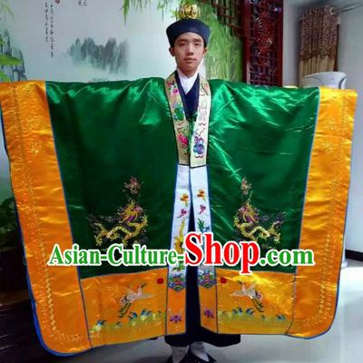 Chinese National Taoism Embroidered Dragons Green Priest Frock Cassock Traditional Taoist Priest Rites Costume for Men