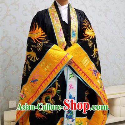 Chinese National Taoism Embroidered Dragons Tower Black Cassock Traditional Taoist Priest Rites Costume for Men