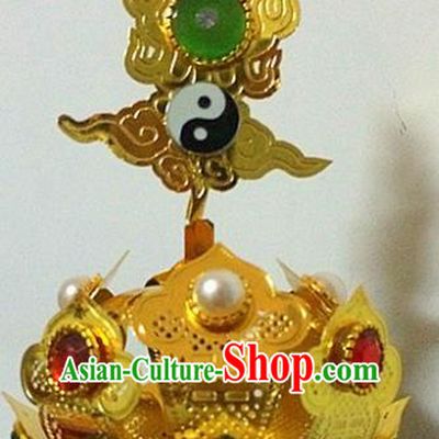Chinese Traditional Taoism Headwear National Taoist Priest Bagua Golden Hairdo Crown for Men