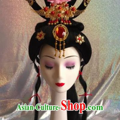 Chinese Traditional Beijing Opera Princess Wigs and Pink Peony Hairpins Peking Opera Diva Hair Accessories for Women