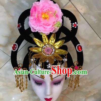 Chinese Traditional Beijing Opera Peri Wigs and Pink Peony Hairpins Peking Opera Princess Hair Accessories for Women