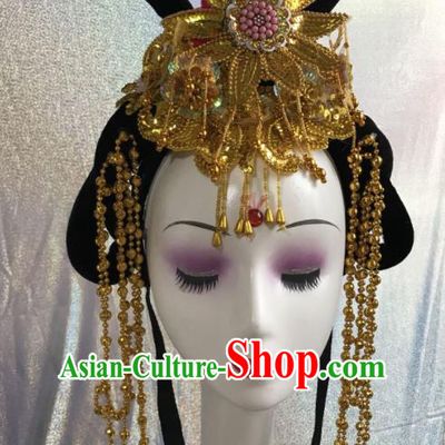 Chinese Traditional Beijing Opera Nobility Lady Wigs and Golden Tassel Hairpins Peking Opera Princess Hair Accessories for Women