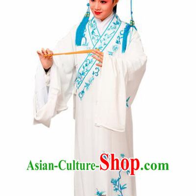 Chinese Traditional Peking Opera Scholar Embroidered Peony White Robe Beijing Opera Niche Costume for Men
