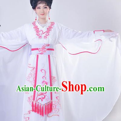 Chinese Traditional Shaoxing Opera Swordswoman Embroidered White Dress Beijing Opera Princess Hua Dan Costume for Women