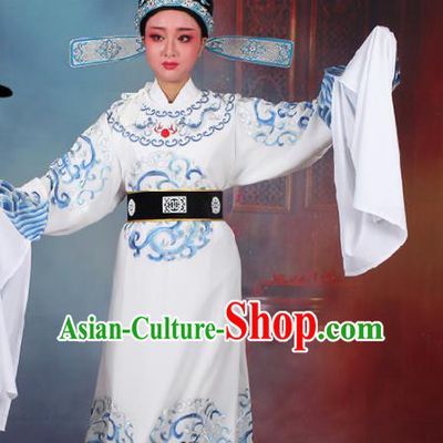 Chinese Traditional Peking Opera Number One Scholar White Embroidered Robe Beijing Opera Niche Costume for Men