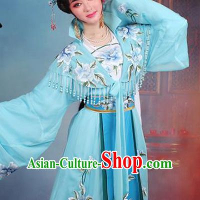 Chinese Traditional Shaoxing Opera Queen Embroidered Blue Dress Beijing Opera Hua Dan Costume for Women